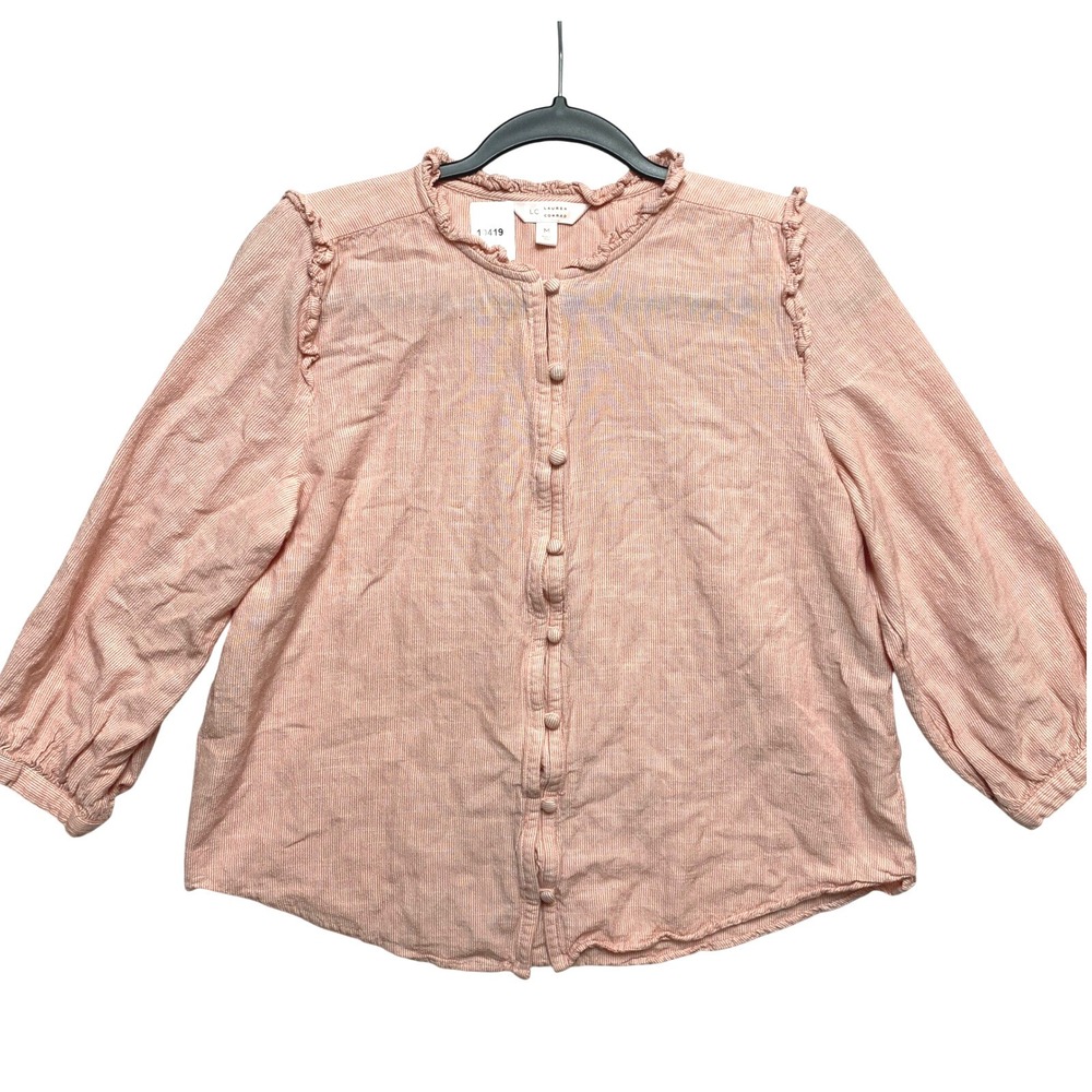 LC Lauren Conrad Blouse Size M Top Pink White Striped Ruffle Button Front